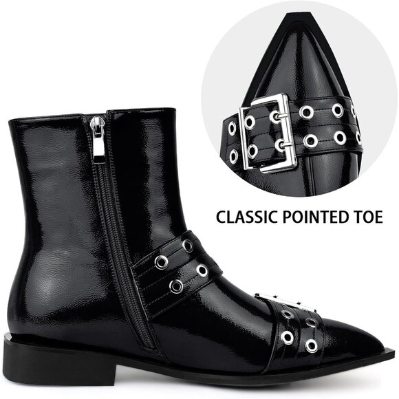 ⚡Women's Black Patent Halloween Ankle Boot Pointed Toe Chunky Heel Boots Buckles - Picture 4 of 6
